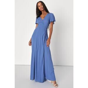 Lulu's Dress M Heart Of Marigold Wrap Denim Maxi Gauzy Rayon Flowy Minimalist